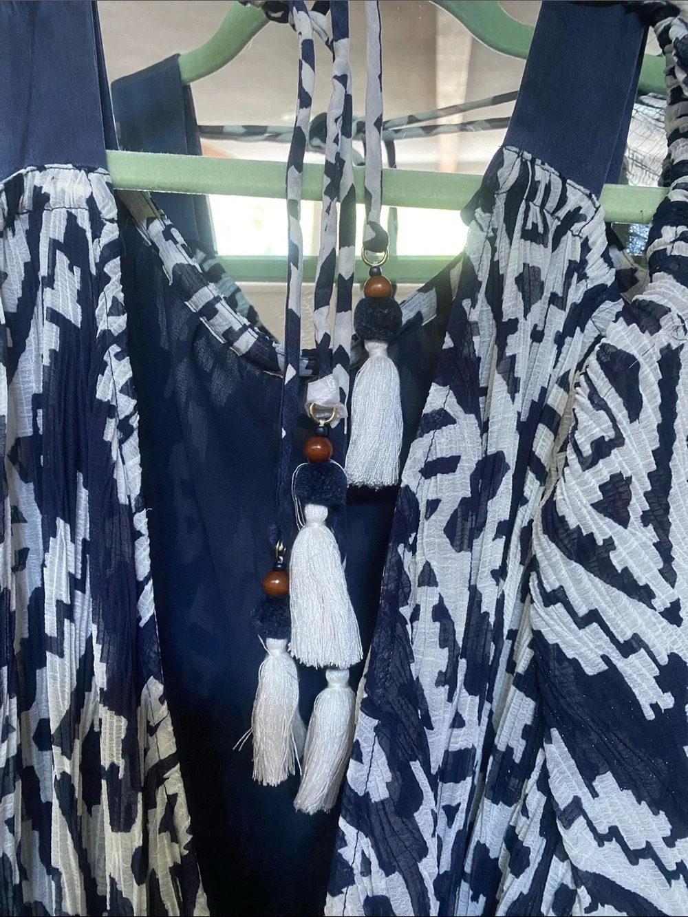 Tory Burch Navy and White Printed Maxi Dress with Tassel Tie